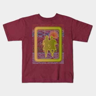 A pair of lovers who are playing on a swing on the edge of the lake Kids T-Shirt